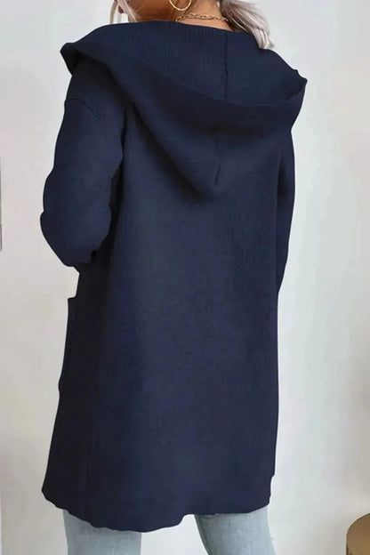 Ribbed Open Front Hooded Cardigan with Pockets - Bad Moms Club