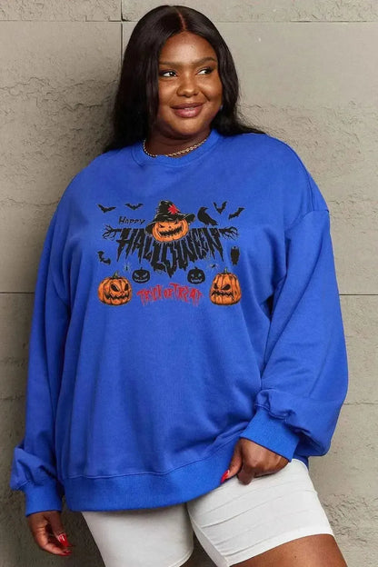Simply Love Full Size HAPPY HALLOWEEN TRICK OR TREAT Graphic Sweatshirt - Bad Moms Club