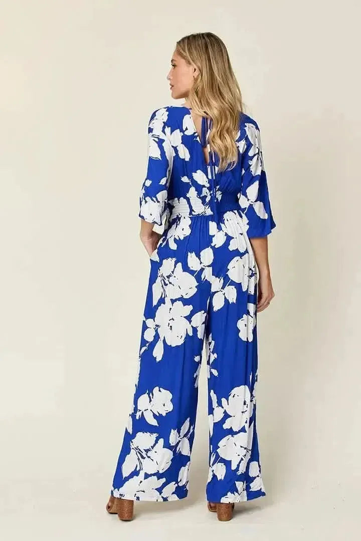 Double Take Full Size Printed Tie Back Wide Leg Jumpsuit - Bad Moms Club