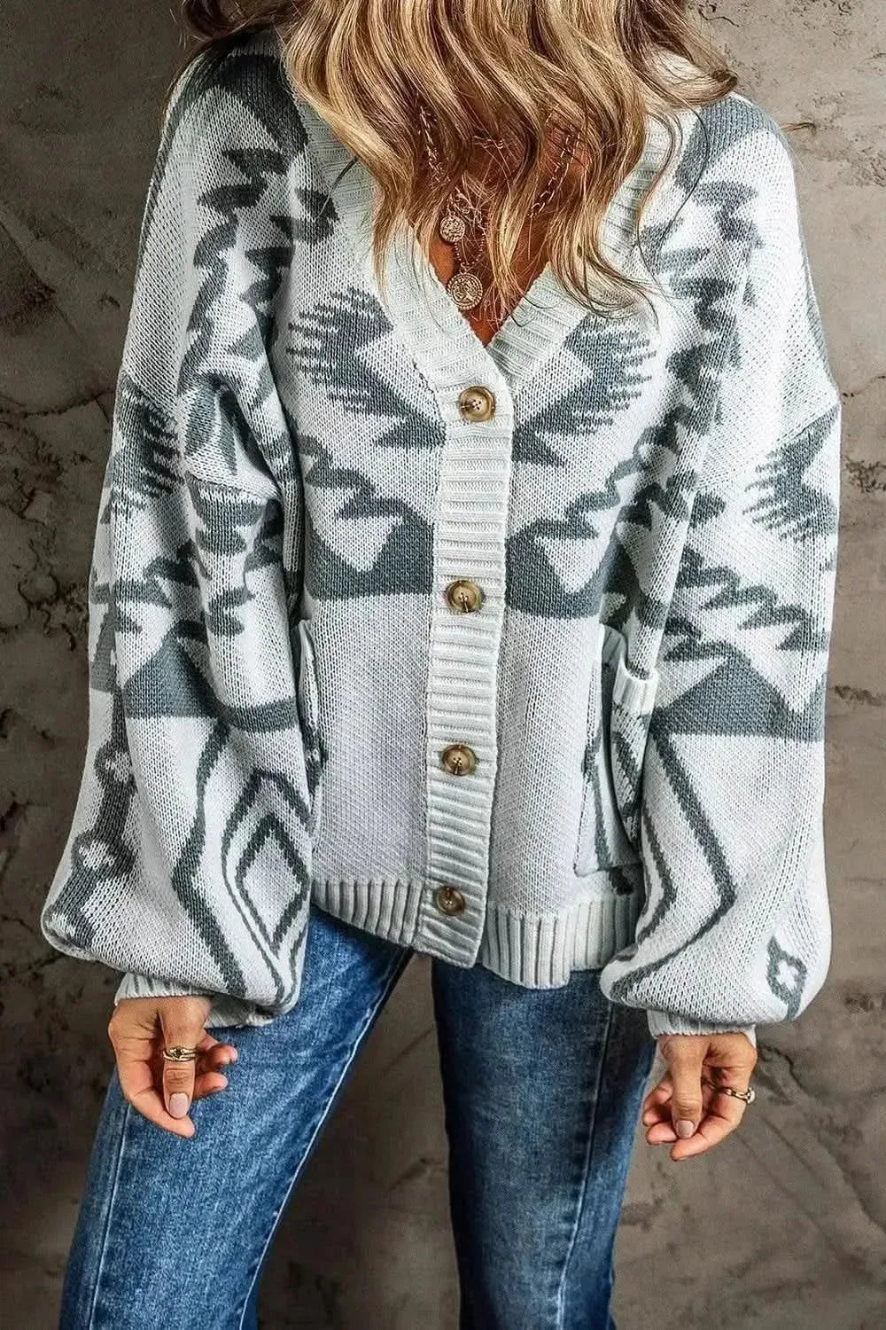 Printed Button Up V-Neck Long Sleeve Cardigan - Bad Moms Club