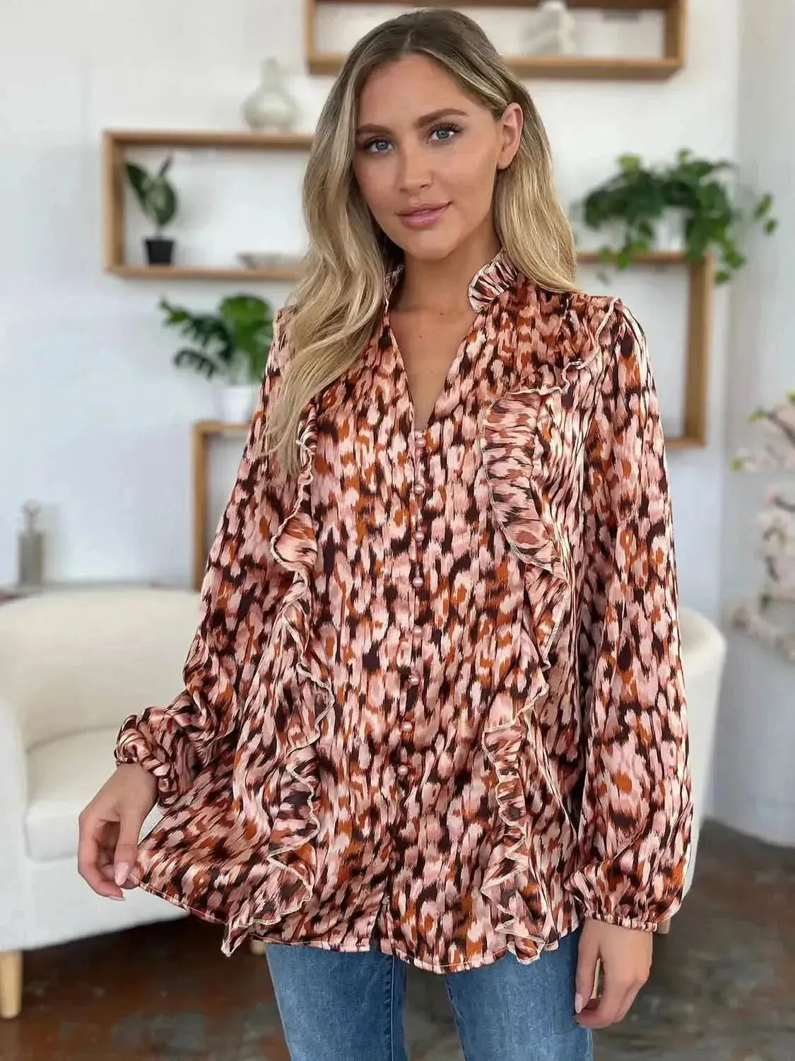 Double Take Full Size Printed Ruffle Trim Balloon Sleeve Shirt - Bad Moms Club