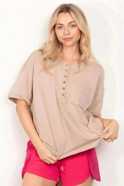 VERY J Twisted Sleeve Band Half Button Top - Bad Moms Club