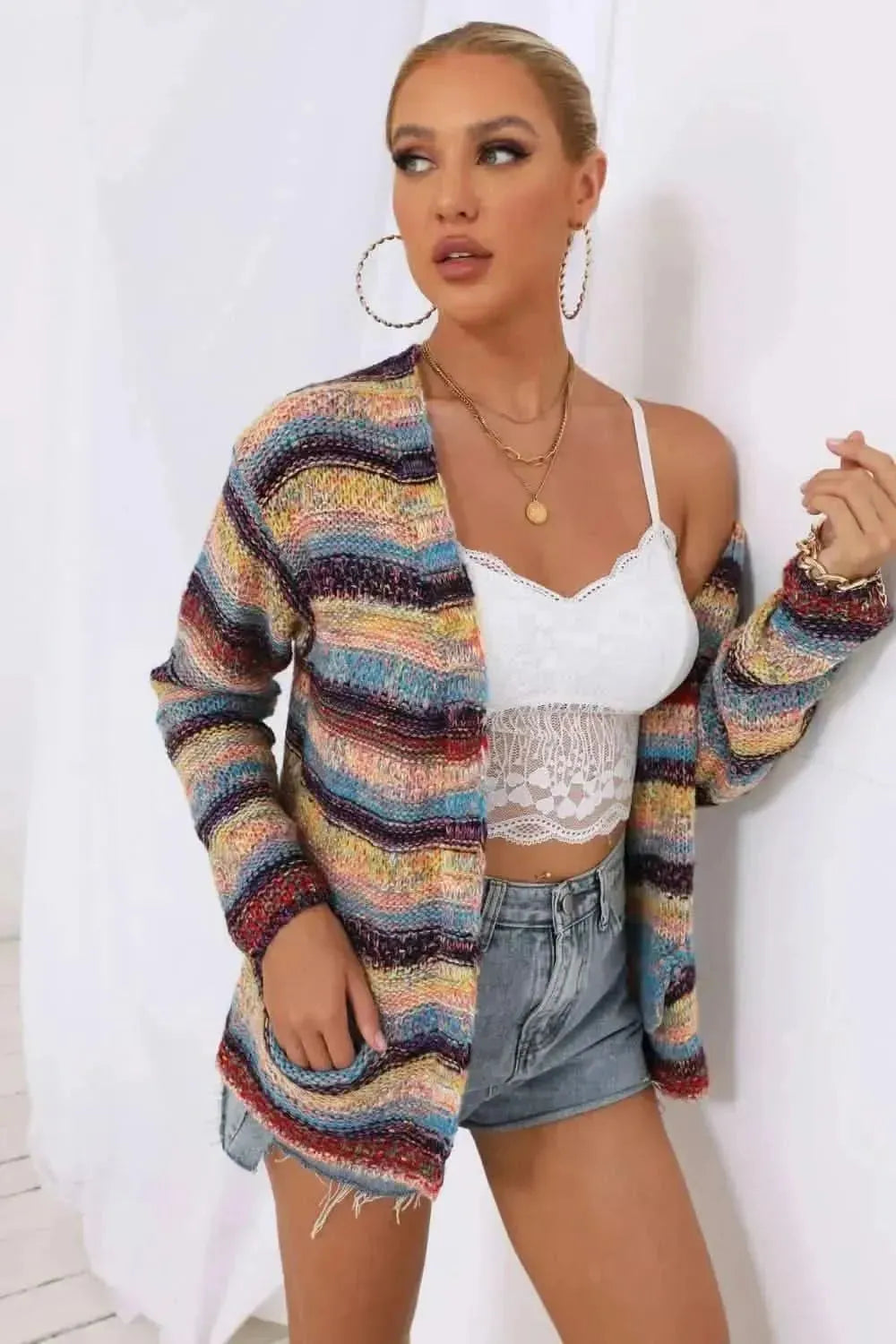Striped Long Sleeve Open Front Cardigan - Bad Moms Club