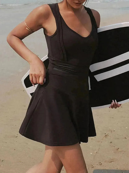 V-Neck Wide Strap Active Dress with Unitard Liner - Bad Moms Club