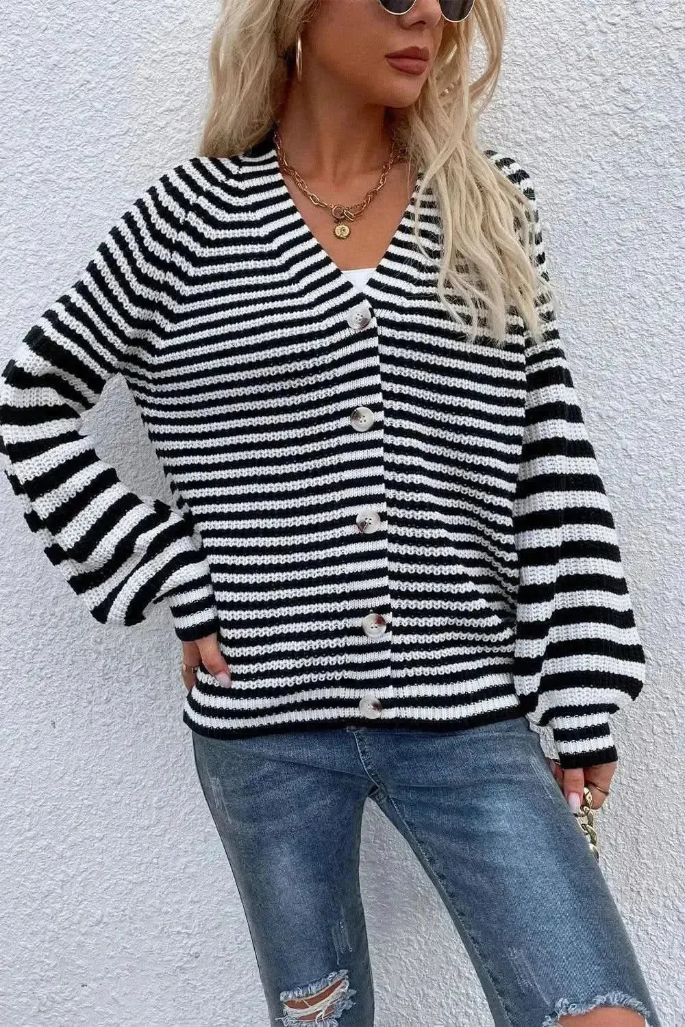 Striped V-Neck Button-Down Cardigan - Bad Moms Club