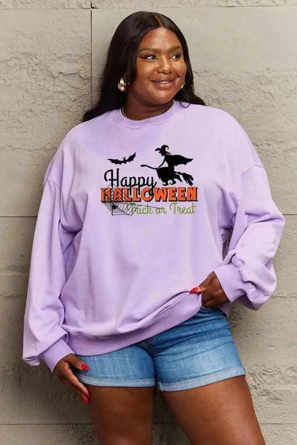 Simply Love Full Size HAPPY HALLOWEEN TRICK OR TREAT Graphic Sweatshirt - Bad Moms Club