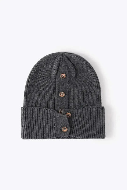 Button Detail Rib-Knit Cuff Beanie - Bad Moms Club