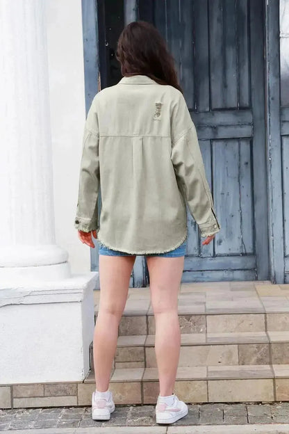 Distressed Button Up Raw Hem Denim Jacket - Bad Moms Club