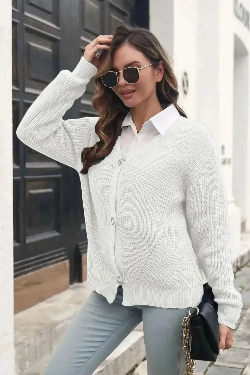 Button Down Ribbed Trim Cardigan - Bad Moms Club