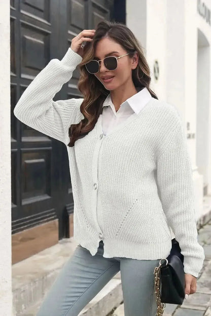 Button Down Ribbed Trim Cardigan - Bad Moms Club