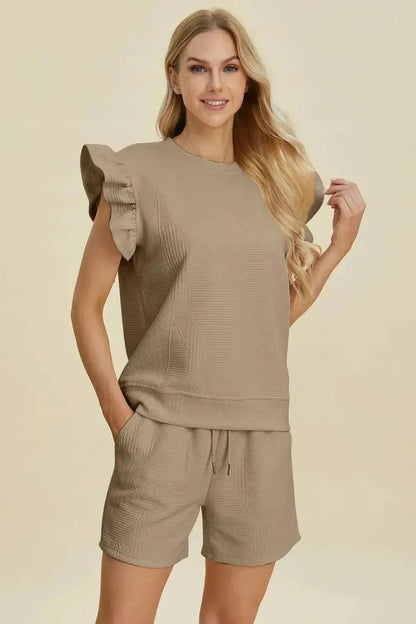 Double Take Full Size Texture Round Neck Ruffle Sleeve Top and Shorts Set - Bad Moms Club