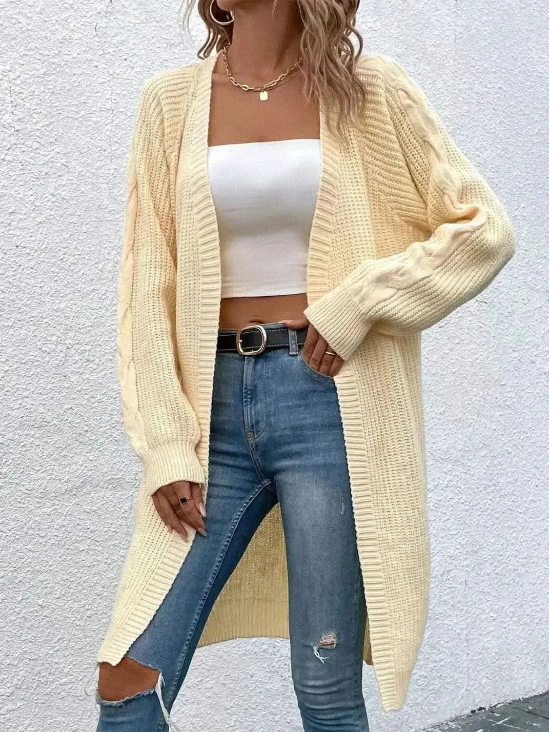 Open Front Cable-Knit Longline Cardigan - Bad Moms Club