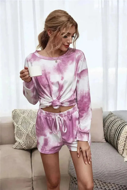 Tie-Dye Dropped Shoulder Top and Shorts Lounge Set - Bad Moms Club