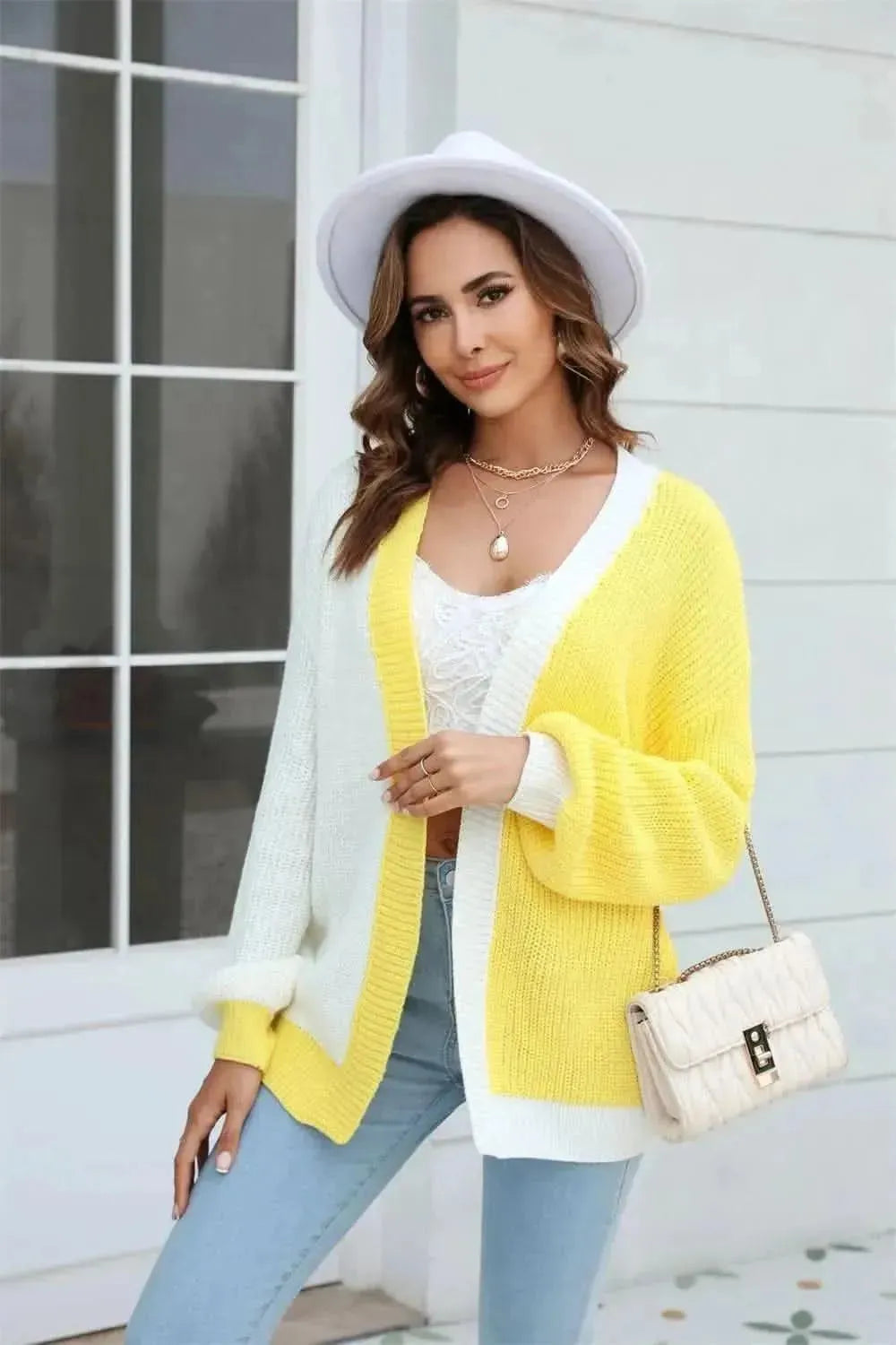 Open Front Contrast Color Balloon Sleeve Cardigan - Bad Moms Club