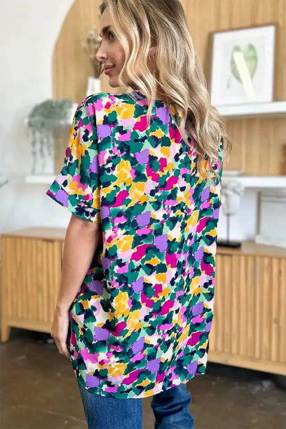Double Take Full Size Printed V-Neck Short Sleeve Side Slit Top - Bad Moms Club