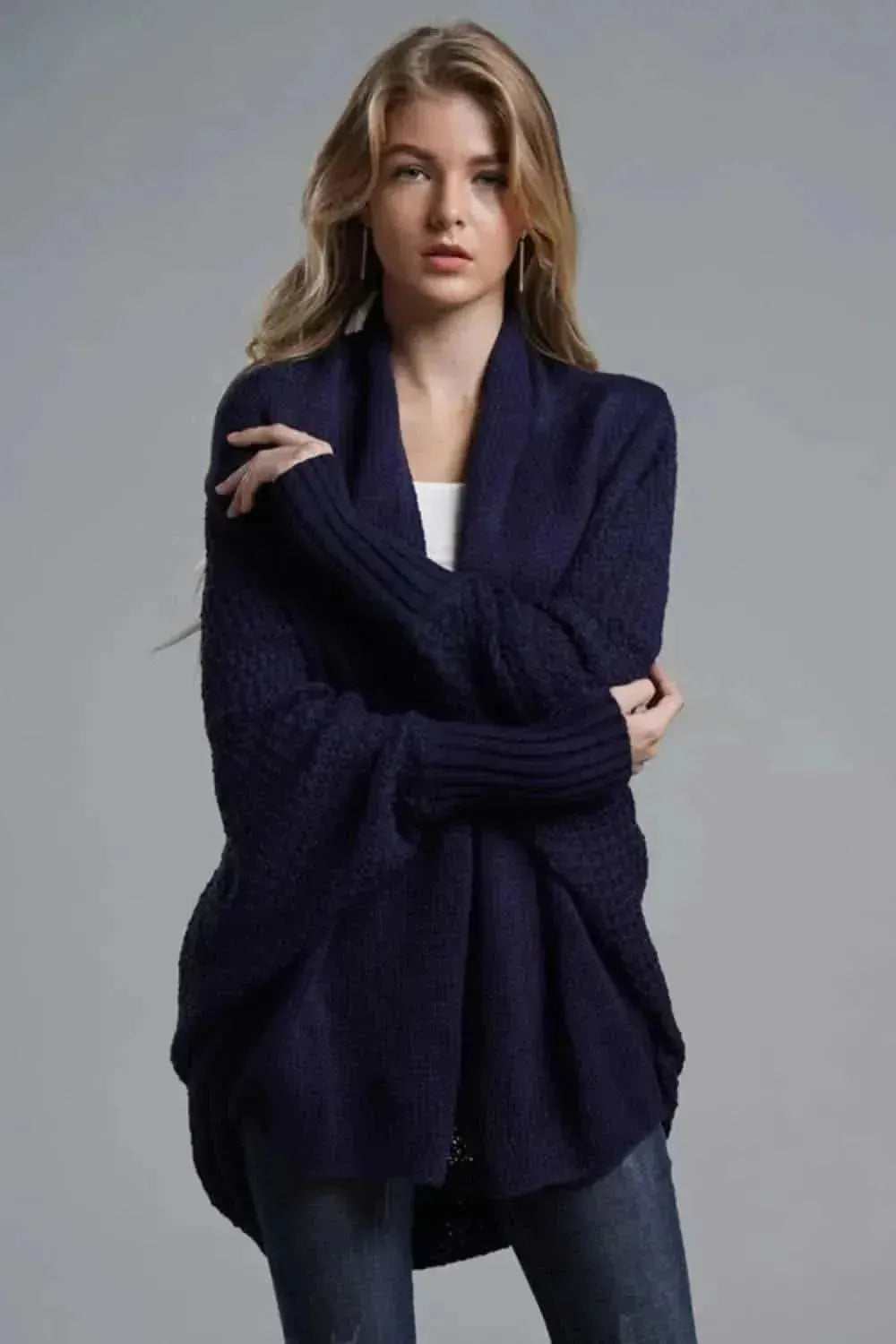 Dolman Sleeve Open Front Ribbed Trim Longline Cardigan - Bad Moms Club