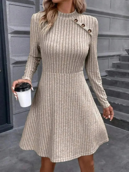 Decorative Button Mock Neck Long Sleeve Sweater Dress - Bad Moms Club