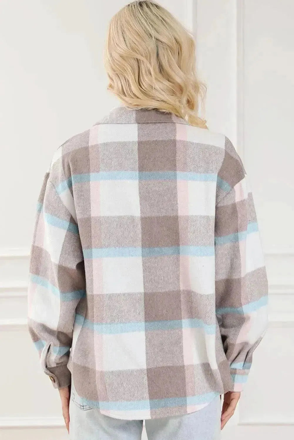 Pocketed Plaid Collared Neck Jacket - Bad Moms Club