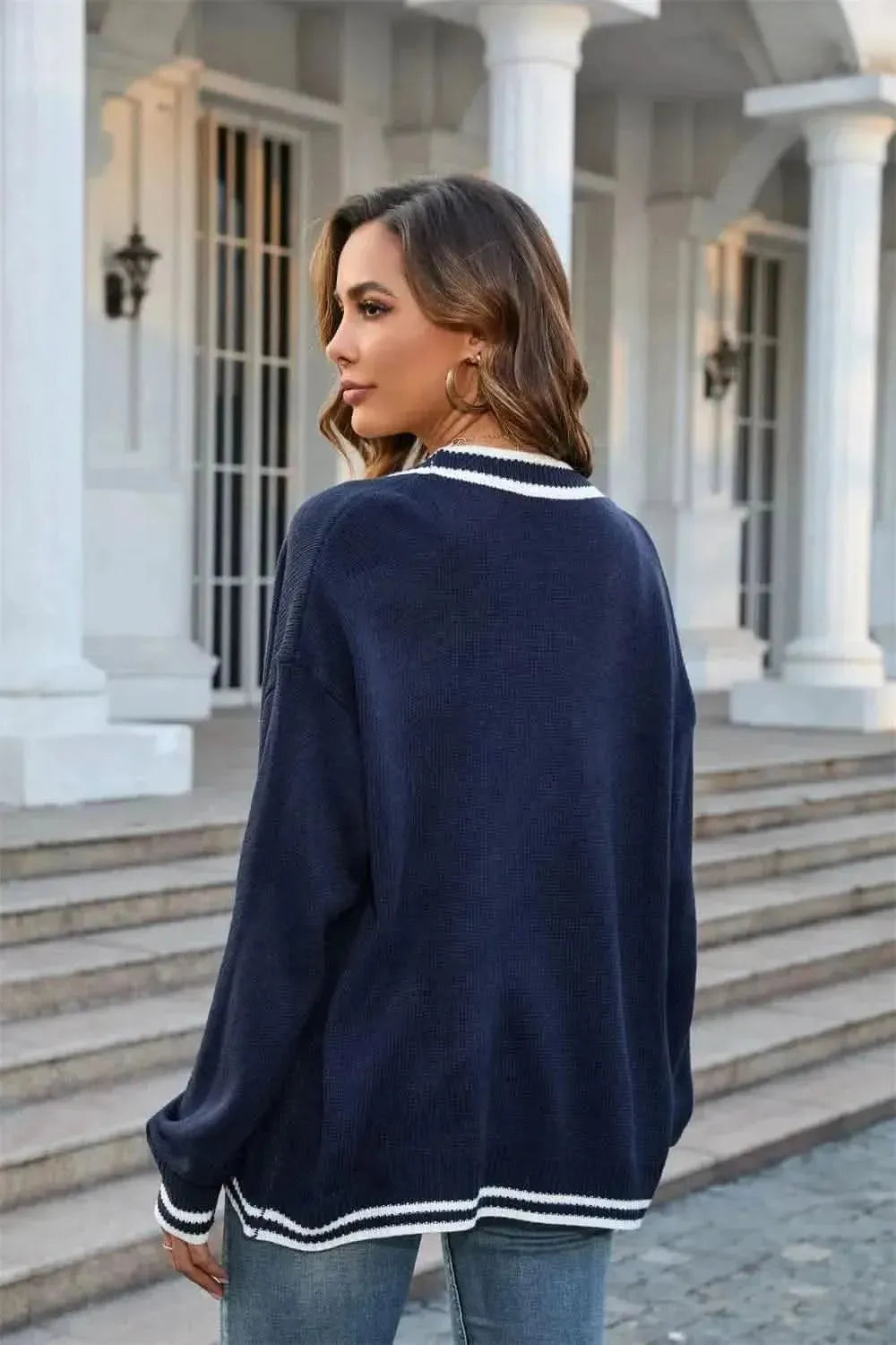 Buttoned V-Neck Long Sleeve Cardigan - Bad Moms Club