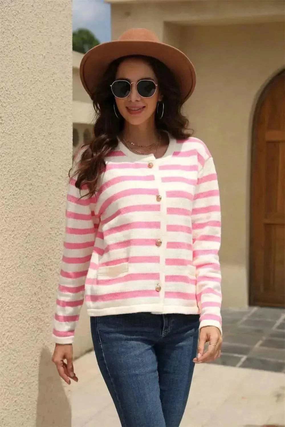 Striped Round Neck Button-Down Dropped Shoulder Cardigan - Bad Moms Club