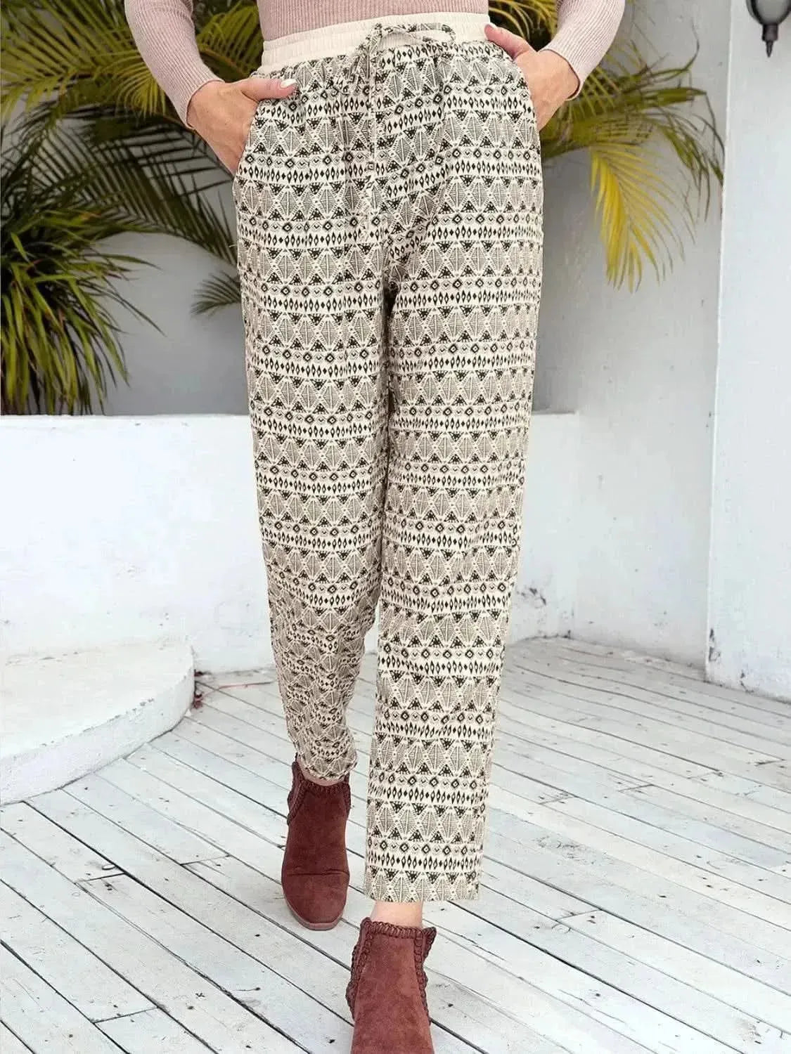 Ivy Lane Tied Printed Pants with Pockets - Bad Moms Club
