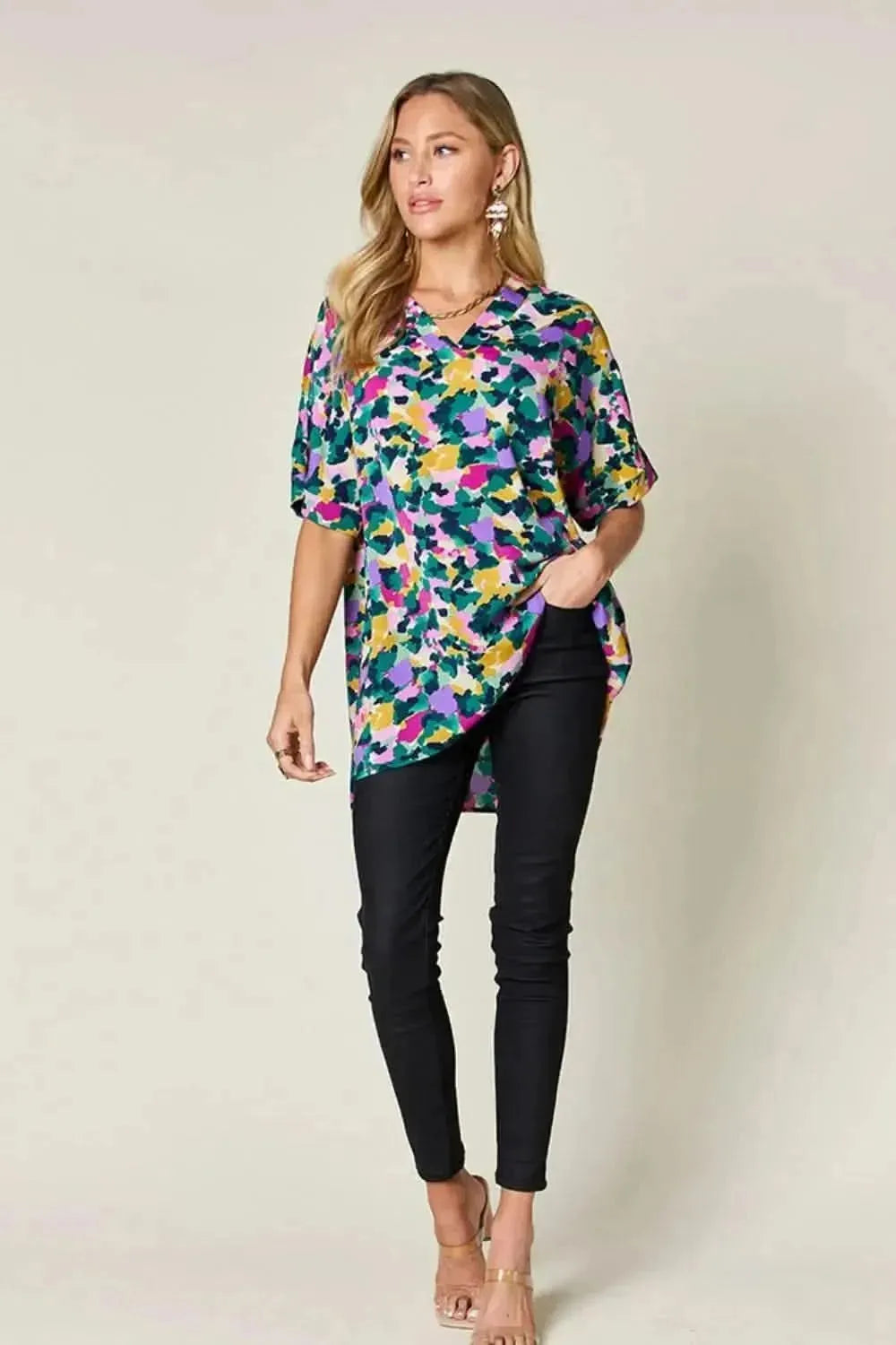 Double Take Full Size Printed V-Neck Short Sleeve Side Slit Top - Bad Moms Club