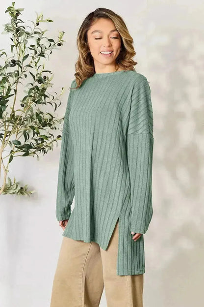 Basic Bae Full Size Ribbed Round Neck Long Sleeve Slit Top - Bad Moms Club