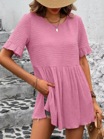 Ivy Lane Round Neck Short Sleeve Blouse - Bad Moms Club