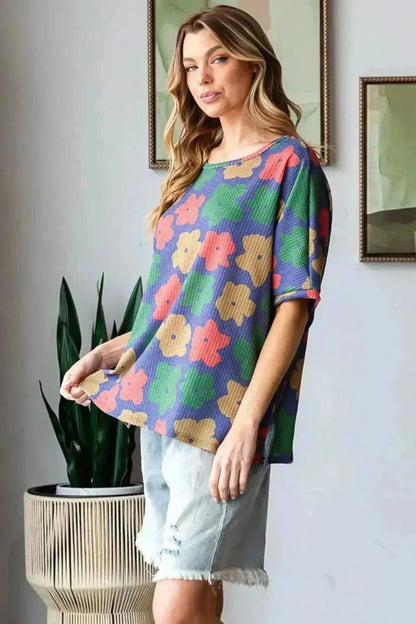 HOPELY Full Size Floral Round Neck Side Slit T-Shirt - Bad Moms Club