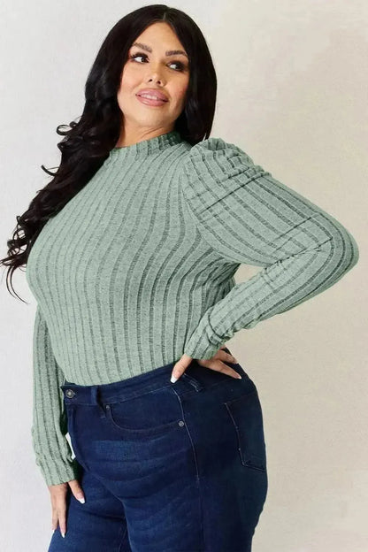 Basic Bae Full Size Ribbed Mock Neck Puff Sleeve T-Shirt - Bad Moms Club