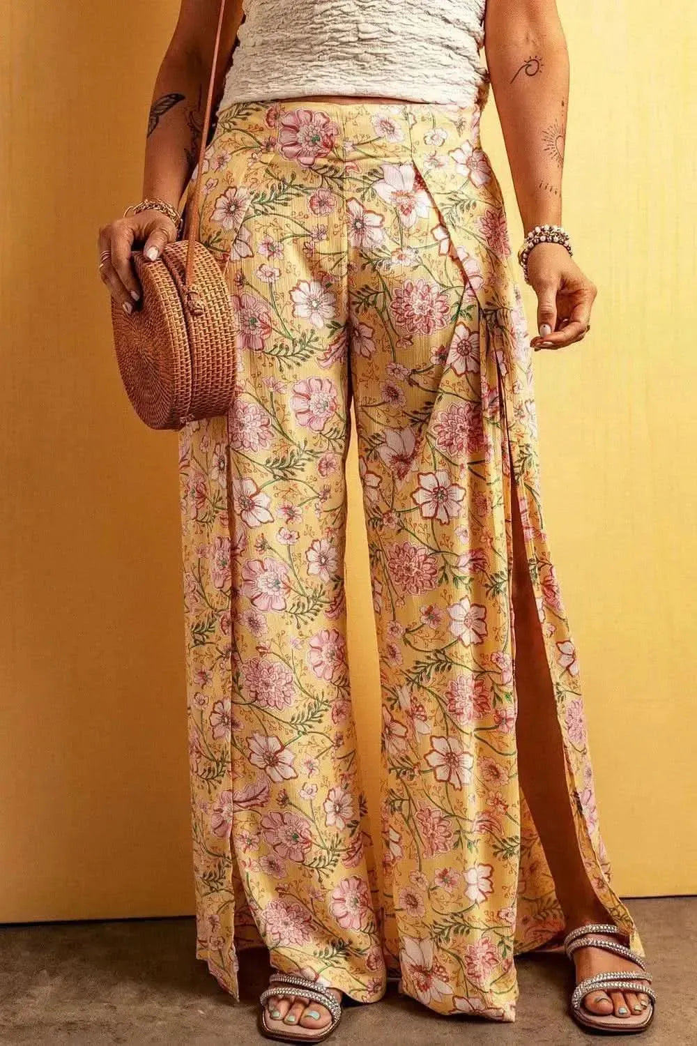 Floral Slit Wide Leg Pants - Bad Moms Club