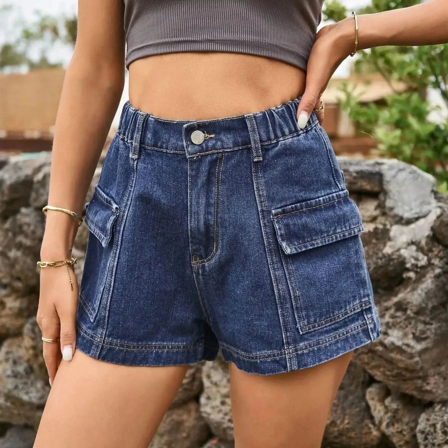 High-Waist Denim Shorts with Pockets - Bad Moms Club