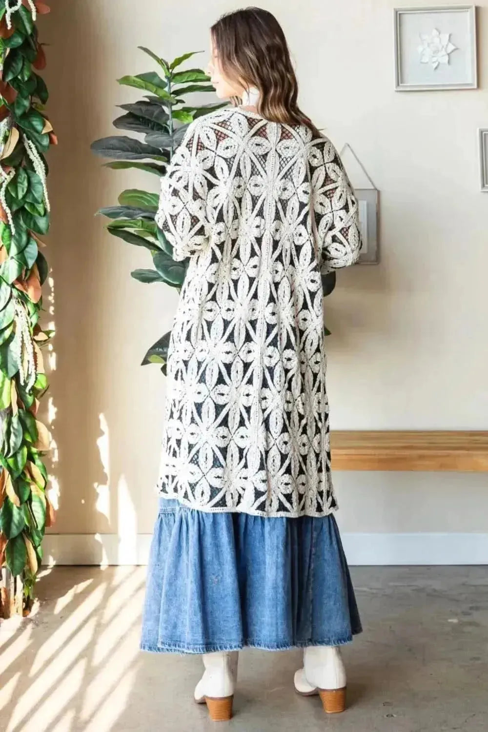 Veveret Geometric Open Front Three-Quarter Sleeve Cardigan - Bad Moms Club