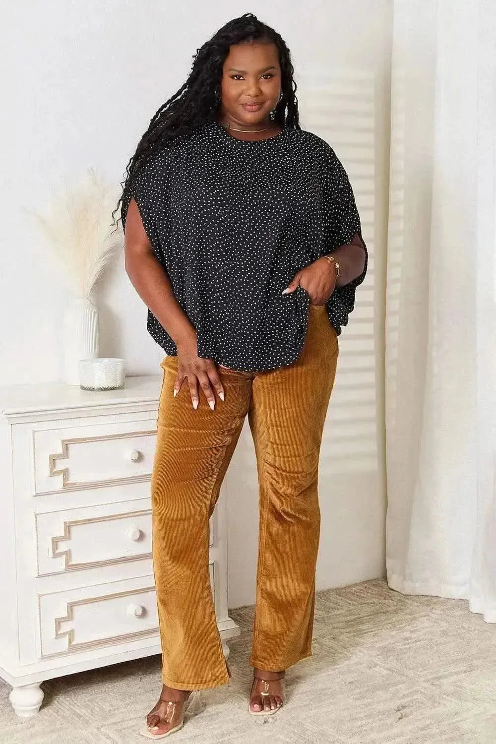 Perfee Printed Dolman Sleeve Round Neck Blouse - Bad Moms Club