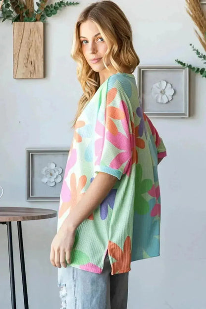 HOPELY Floral Round Neck Waffle T-Shirt - Bad Moms Club