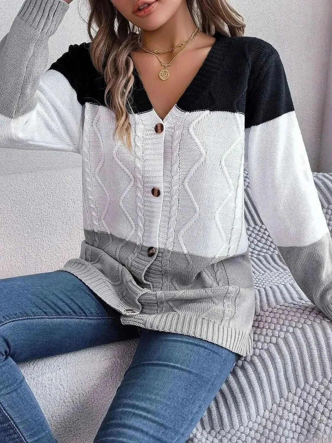 Cable-Knit Striped Button Up Cardigan - Bad Moms Club