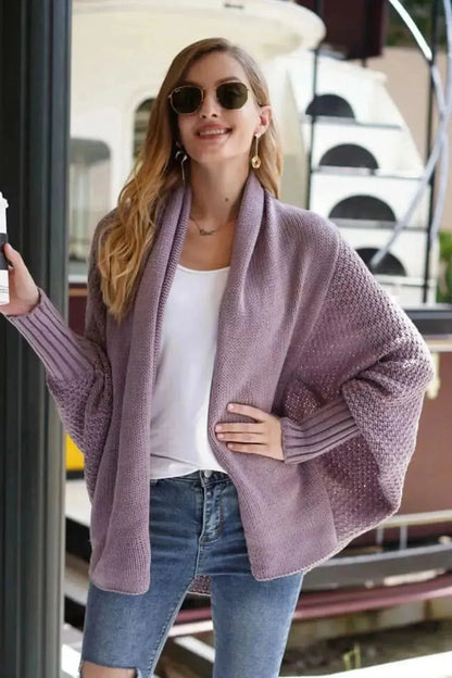 Dolman Sleeve Open Front Ribbed Trim Longline Cardigan - Bad Moms Club