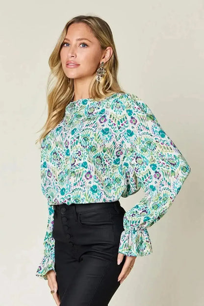 Double Take Full Size Printed Flounce Sleeve Blouse - Bad Moms Club