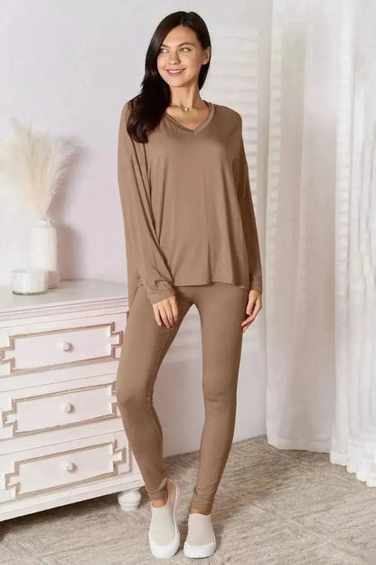 Basic Bae Full Size V-Neck Soft Rayon Long Sleeve Top and Pants Lounge Set - Bad Moms Club