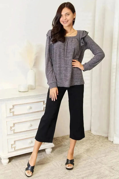 Double Take Square Neck Ruffle Shoulder Long Sleeve T-Shirt - Bad Moms Club