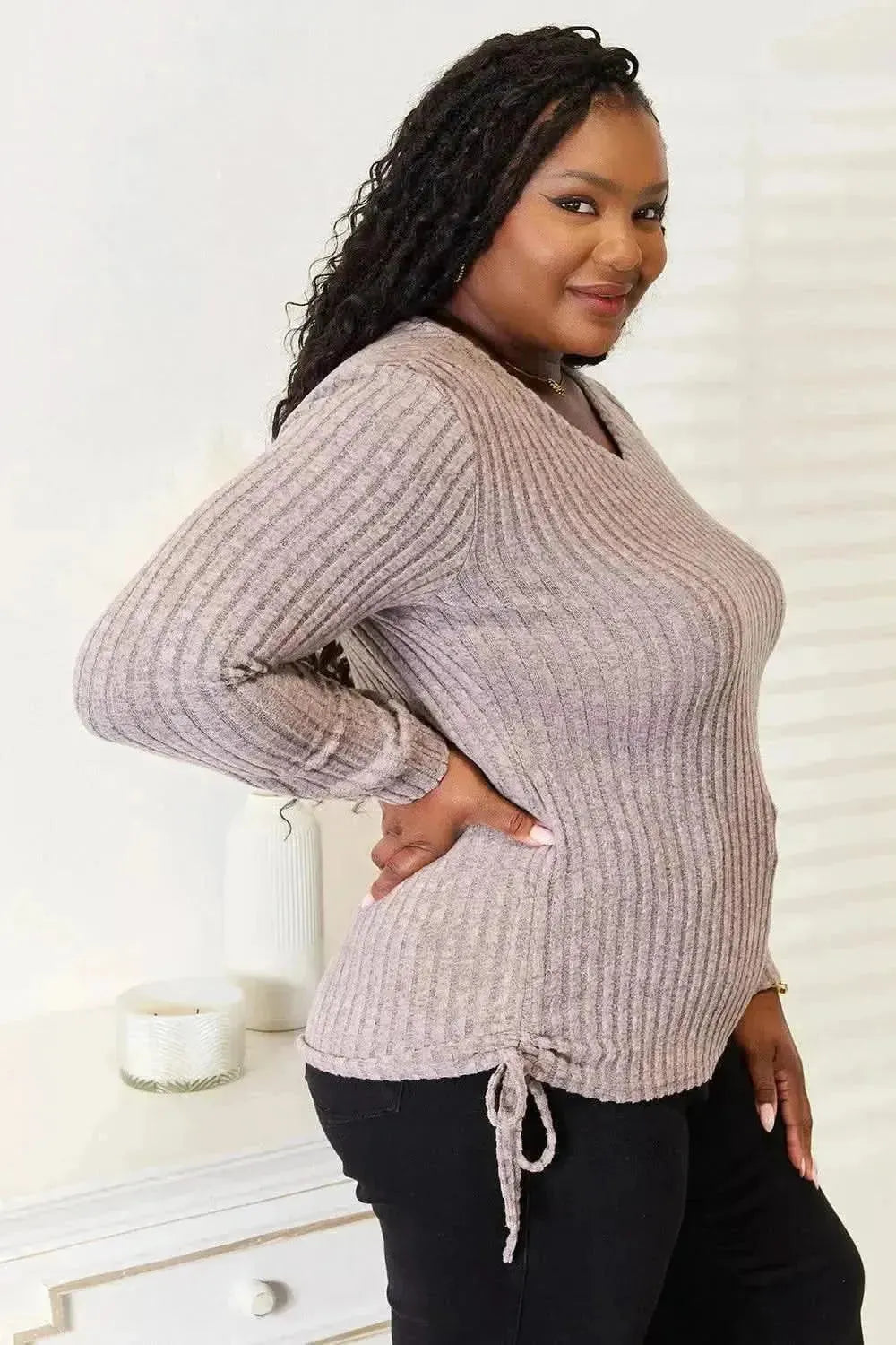 Double Take Drawstring Ribbed Long Sleeve T-Shirt - Bad Moms Club