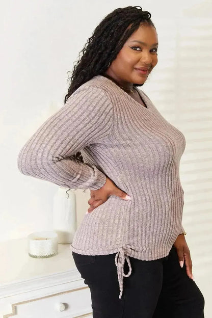 Double Take Drawstring Ribbed Long Sleeve T-Shirt - Bad Moms Club