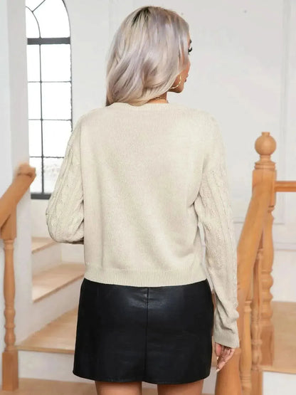 Cable-Knit Round Neck Long Sleeve Sweater - Bad Moms Club