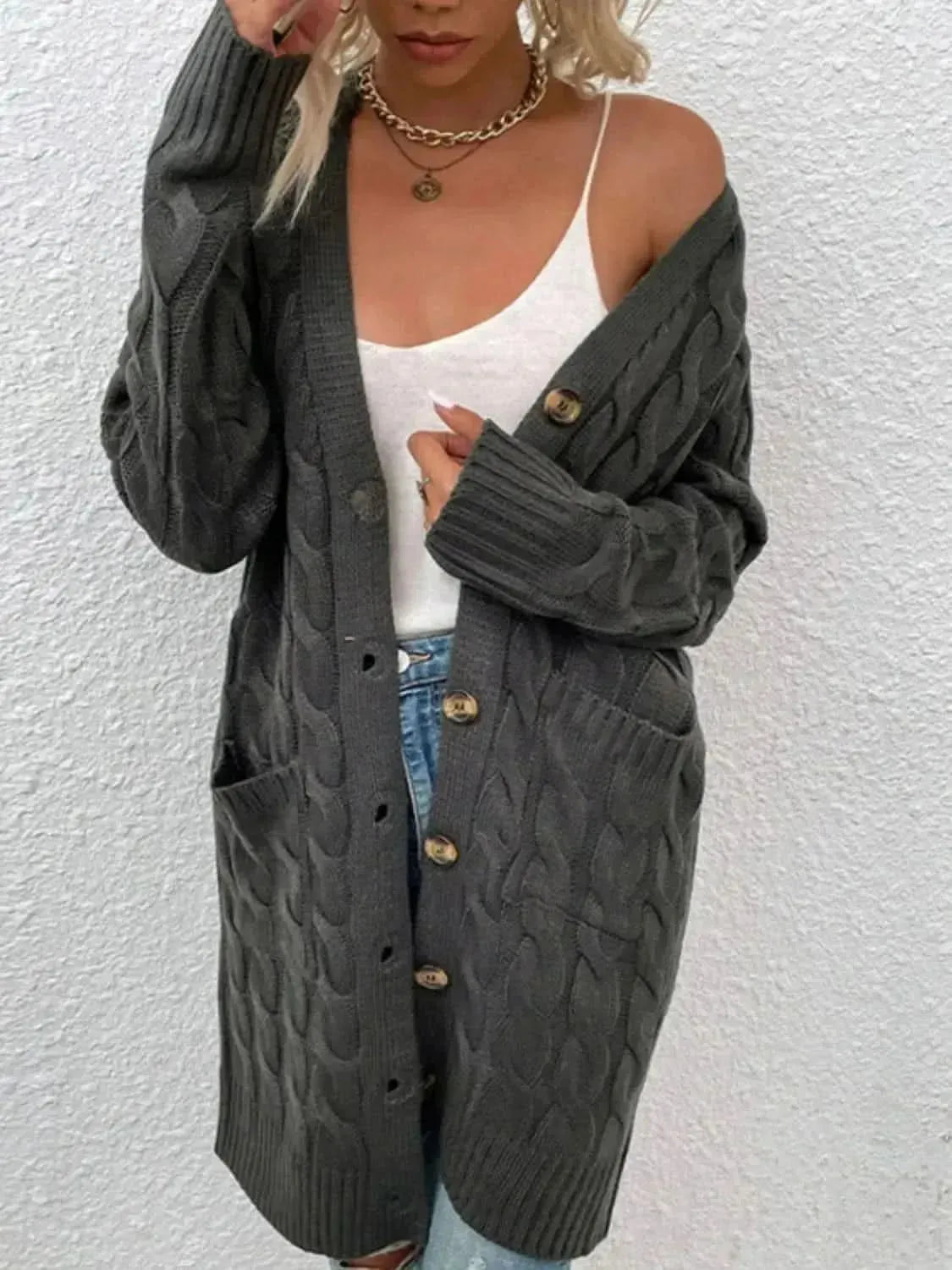 Cable-Knit Button Down Cardigan with Pockets - Bad Moms Club
