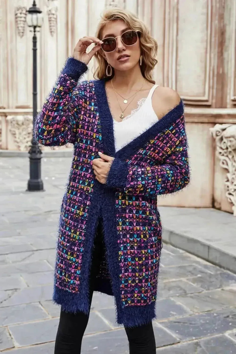 Multicolored Ribbed Trim Open Front Cardigan with Pockets - Bad Moms Club