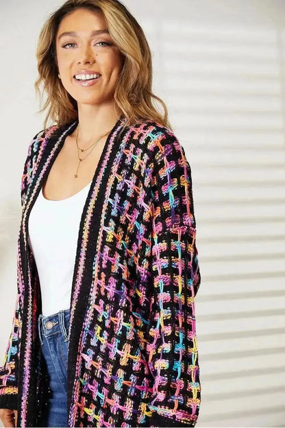 Full Size Multicolored Open Front Fringe Hem Cardigan - Bad Moms Club