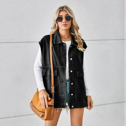 Pocketed Button Up Sleeveless Denim Jacket - Bad Moms Club