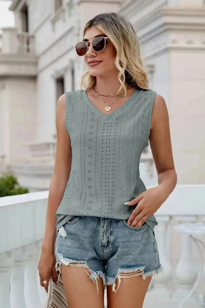 Eyelet V-Neck Tank - Bad Moms Club