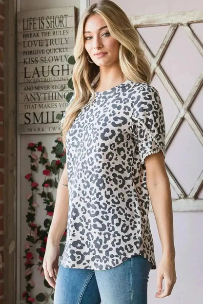 Heimish Leopard Round Neck Petal Sleeve T-Shirt - Bad Moms Club