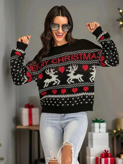 Perfee Christmas Element Round Neck Sweater - Bad Moms Club